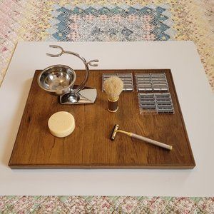 Art Deco 8-piece Shaving Set with Chrome and Brass Brush, Razor & Stand. NWOT